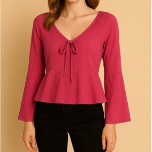 Heatherly Elegant Pink Tie-Front Long Sleeve Peplum Blouse Size Medium NWT